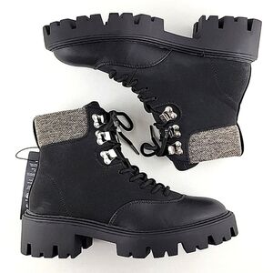 ONLY Betty Women's Black Lace-Up Faux Leather Ankle Boots  Chunky Soles Size 37